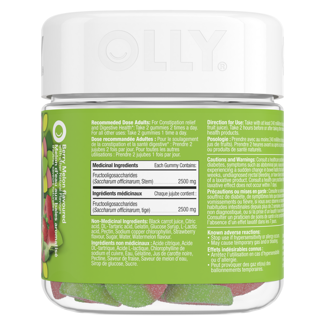 An image of the rightside view of the OLLY® Fiber Gummy Rings product packaging.