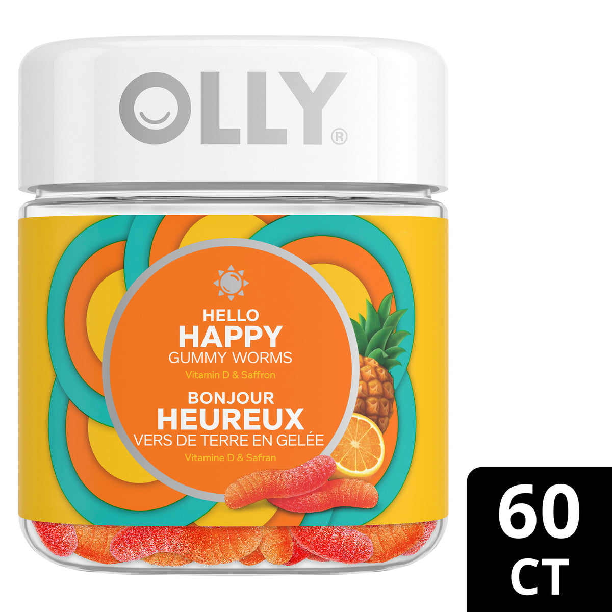 Showing the front view of the OLLY Hello Happy Gummy Worms container, highlighting the 60 Gummy count.
