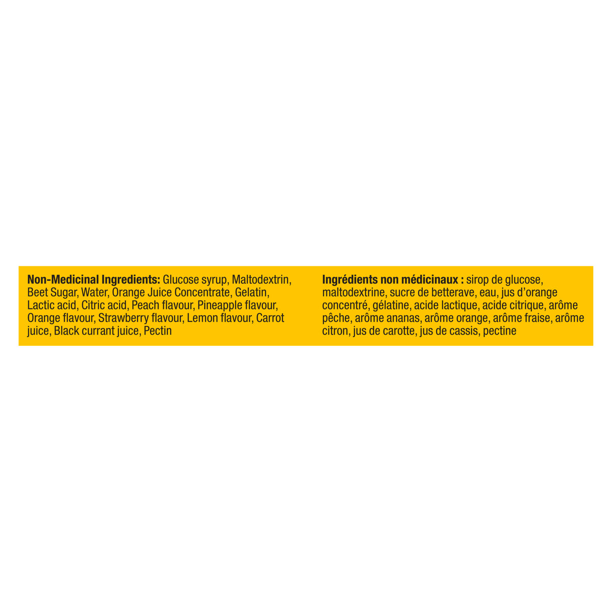 Showing the Non-Medicinal Ingredients label for the OLLY Hello Happy Gummy Worms, 60 Gummy container.