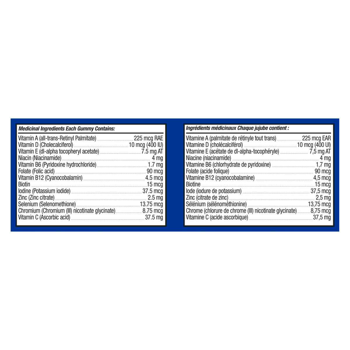 An image showing the ingredient label as it appears on the OLLY® Men's Multi Vitamins product packaging.