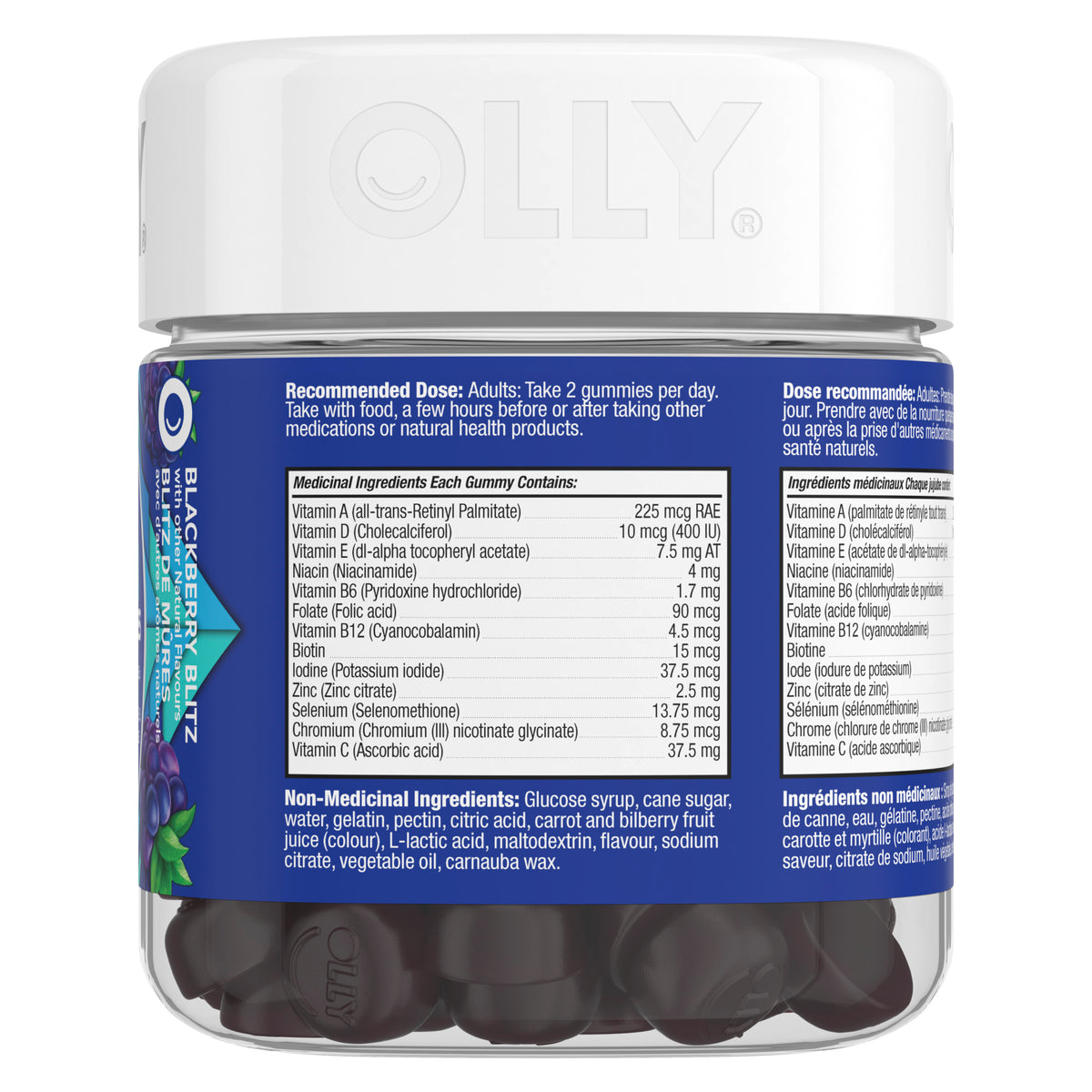 An image showing the rightside view of the OLLY® Men's Multi Vitamins product packaging.