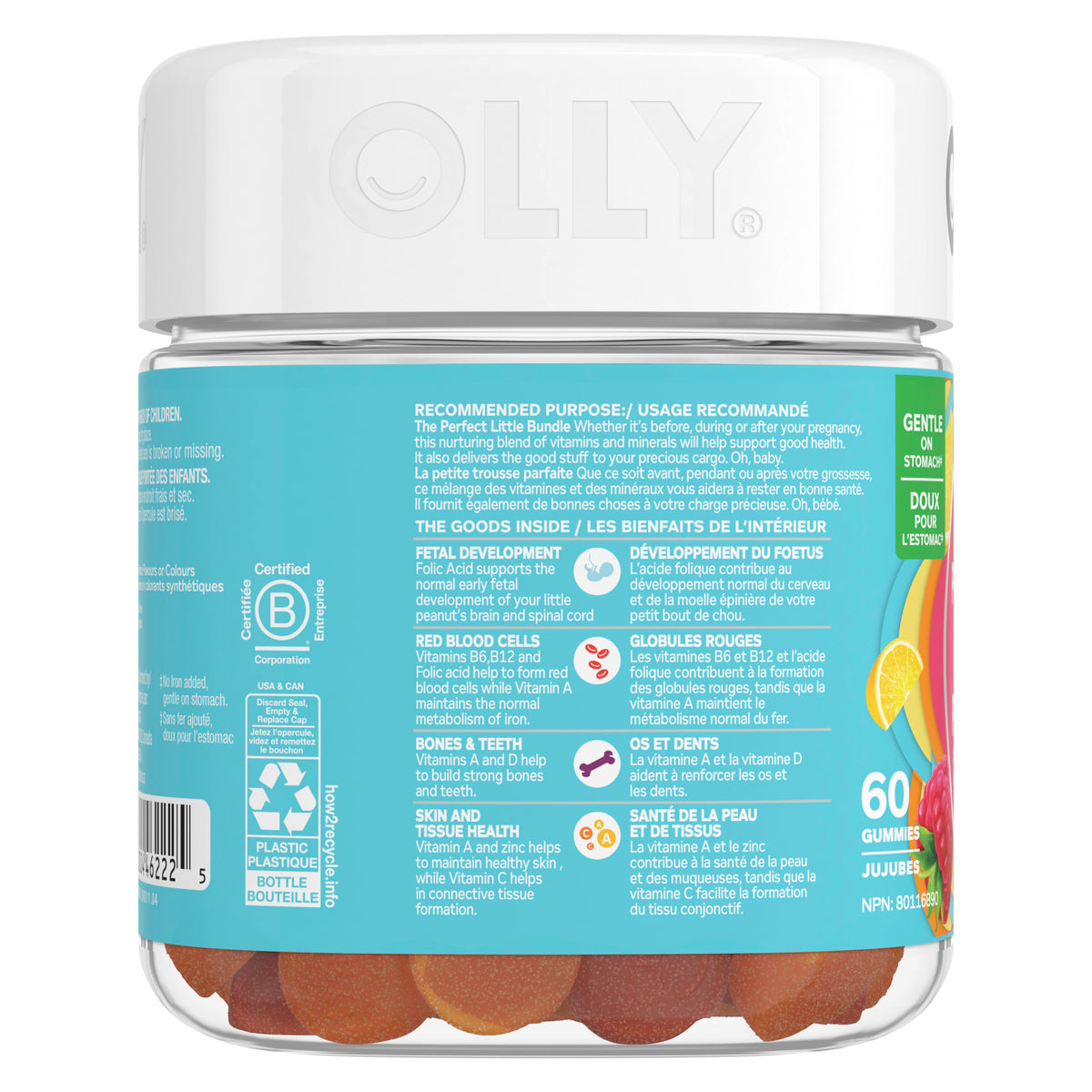 An image showing the leftside view of the OLLY® Prenatal Multi Gummies product packaging.