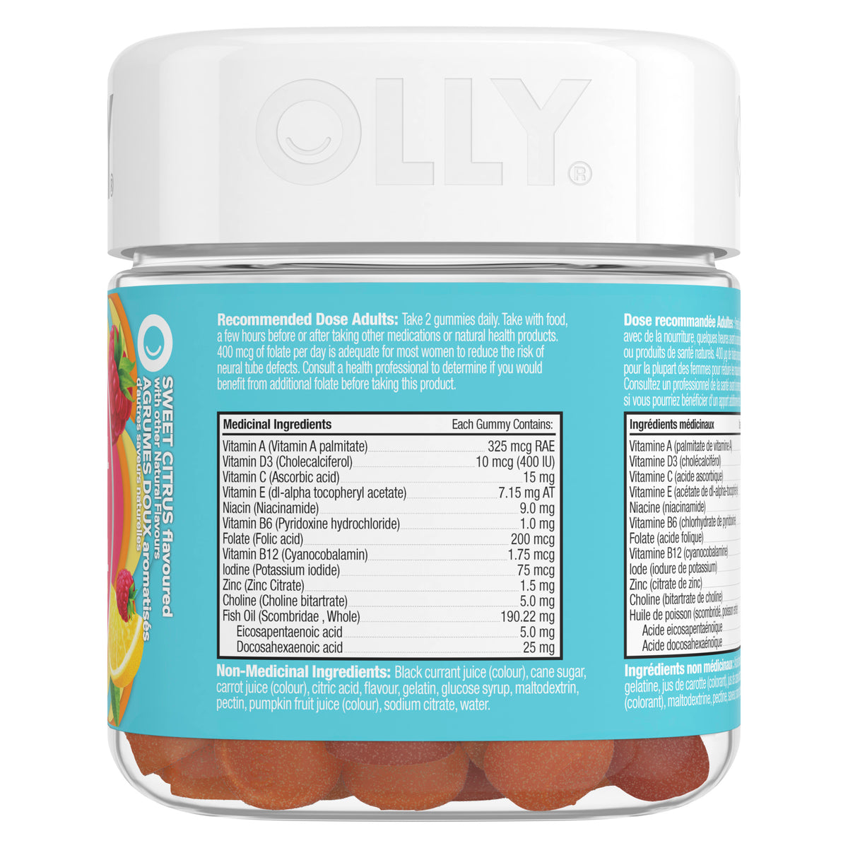 An image showing the rightside view of the OLLY® Prenatal Multi Gummies product packaging.