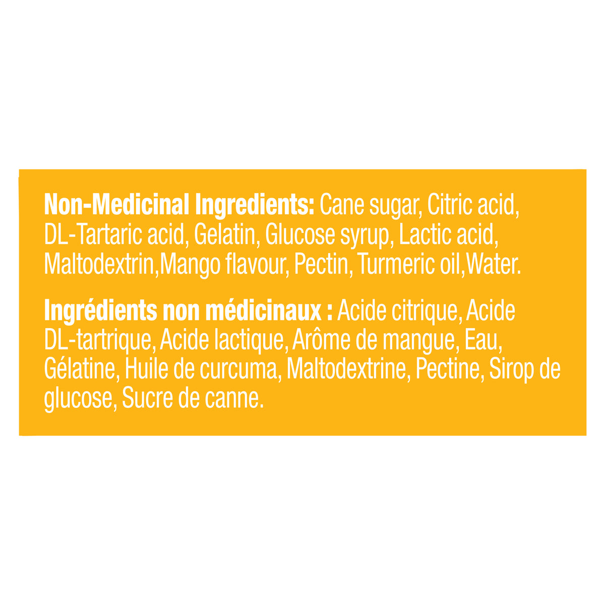 An image showing the ingredient label as it appears on the OLLY Probiotic Mango Gummy Supplements product packaging.