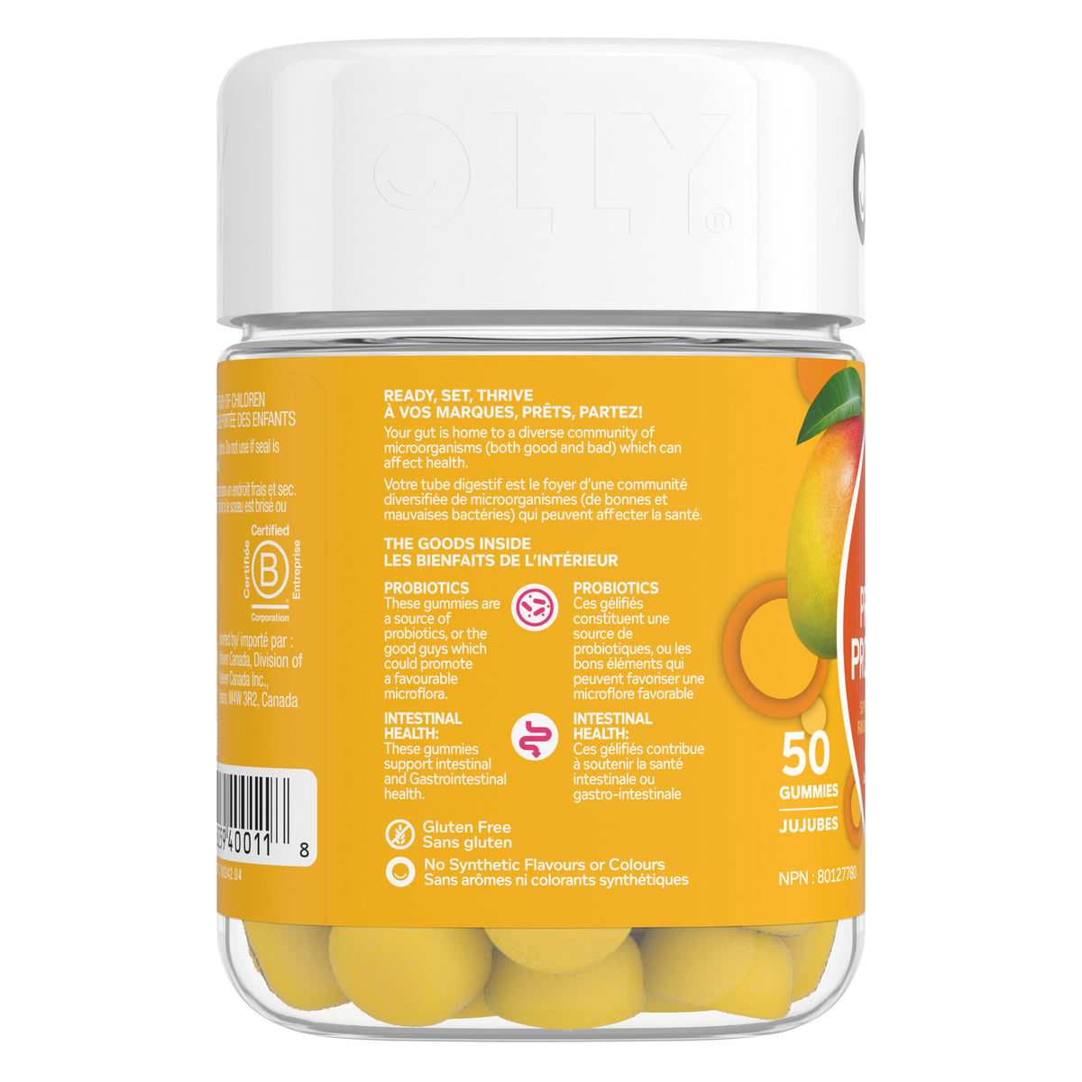 An image showing the left side view of the OLLY Probiotic Mango Gummy Supplements product packaging.