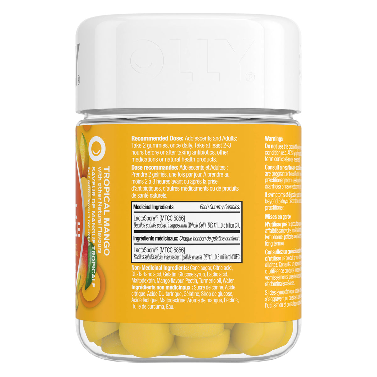 An image showing the right side view of the OLLY Probiotic Mango Gummy Supplements product packaging.
