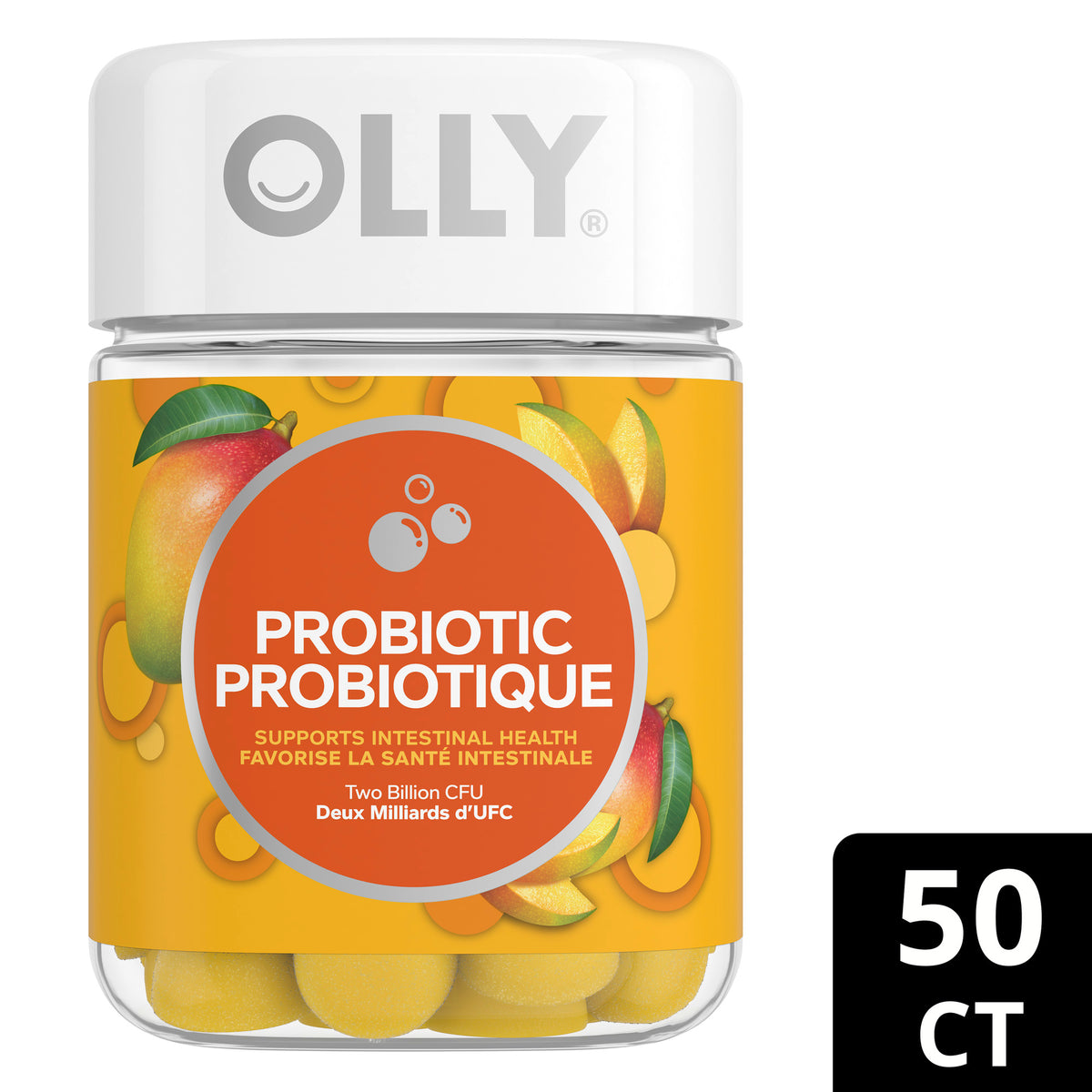 An image showing the mobile-friendly hero image view of the OLLY Probiotic Mango Gummy Supplements product packaging.